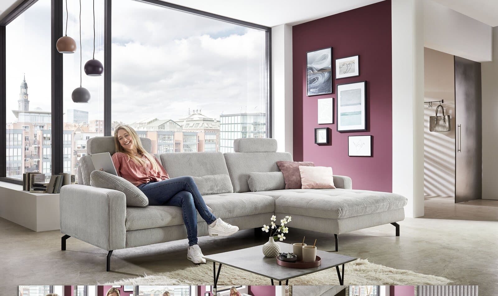 Ecksofa LS23 Arve in Cord grey vor großer Fensterfront
