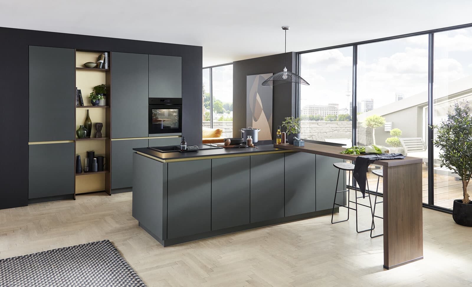 Loftküche Easytouch in Mineralgrün ultramatt mit Kochinsel