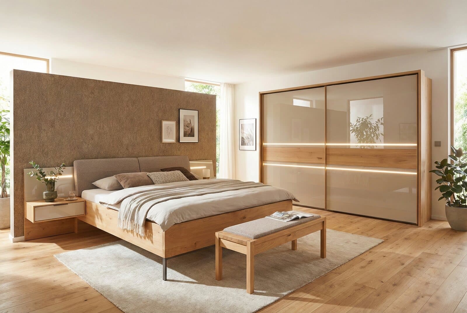 Schlafzimmer LS26 Fosato mit Bett in Bianco-Eiche und Schwebetürenschrank