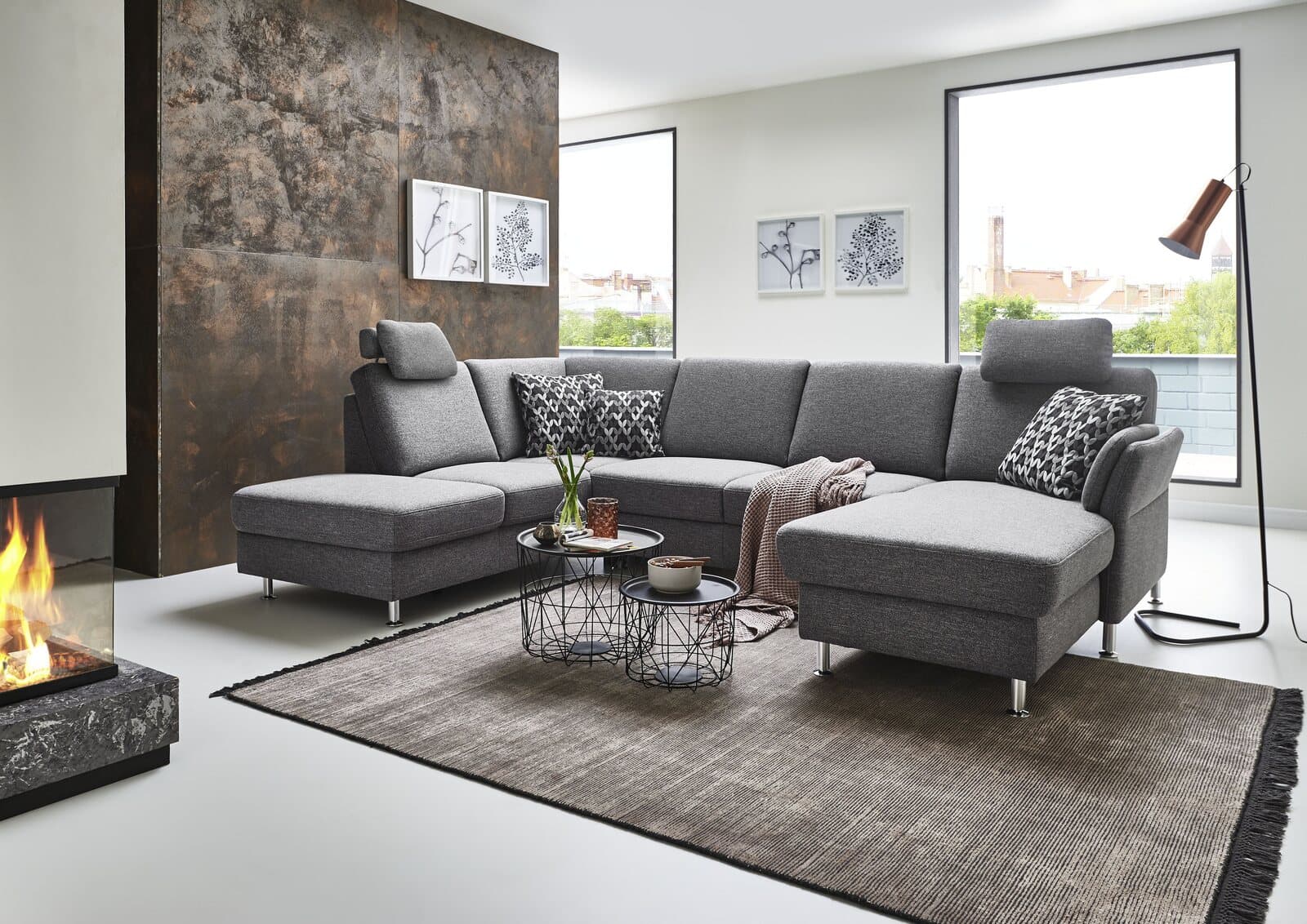 Wohnlandschaft LS 404520 in grauem Flachgewebe mit Anstellhocker