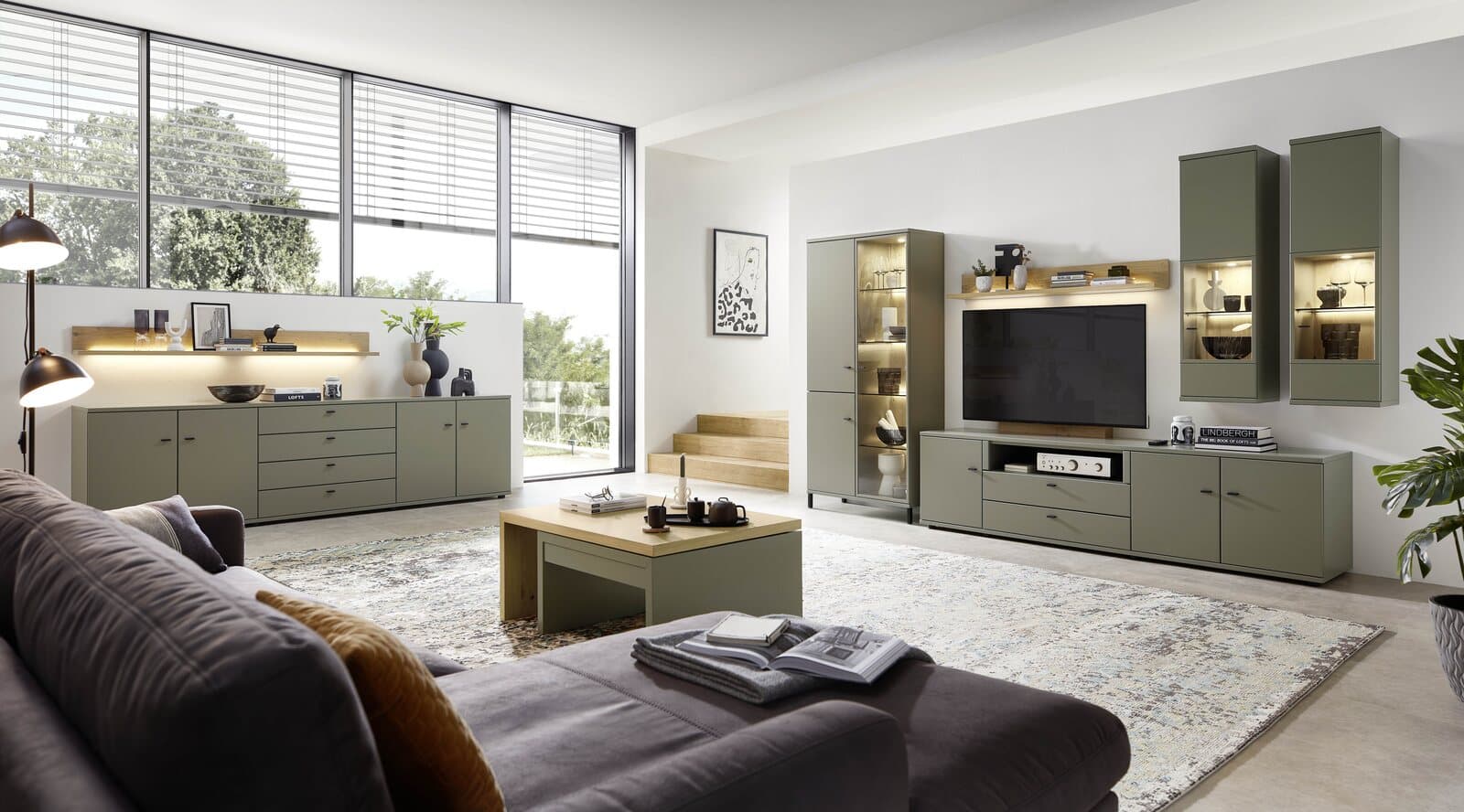 Wohnprogramm Antares in Lack olivgrau mit Sideboard und Wohnwand