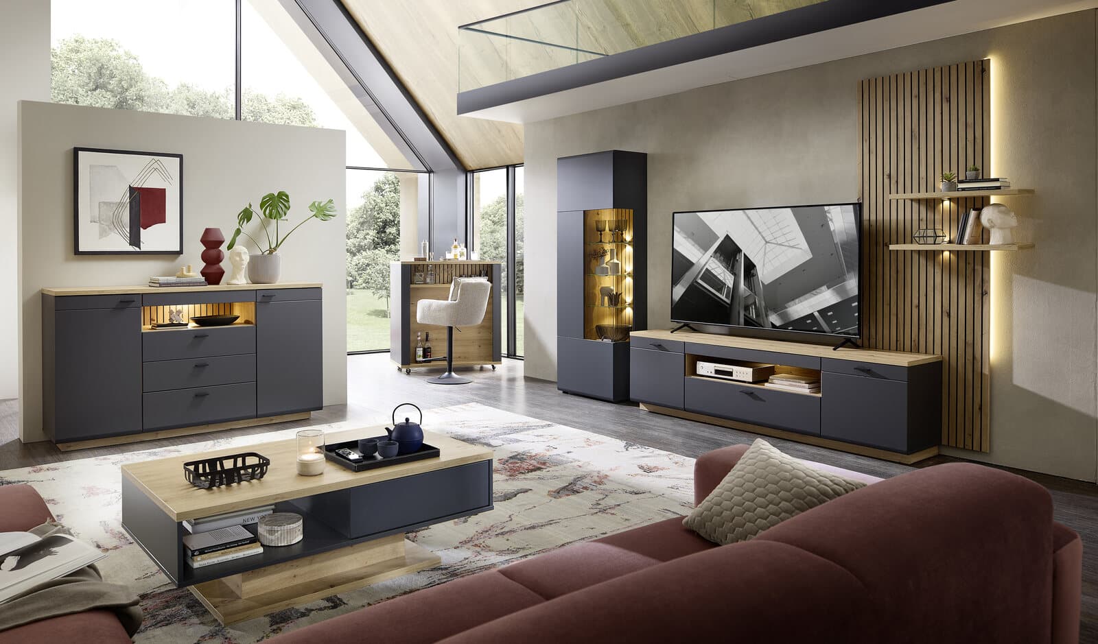 Wohnprogramm KS25 Paola in Graphit supermatt mit beleuchtetem Sideboard